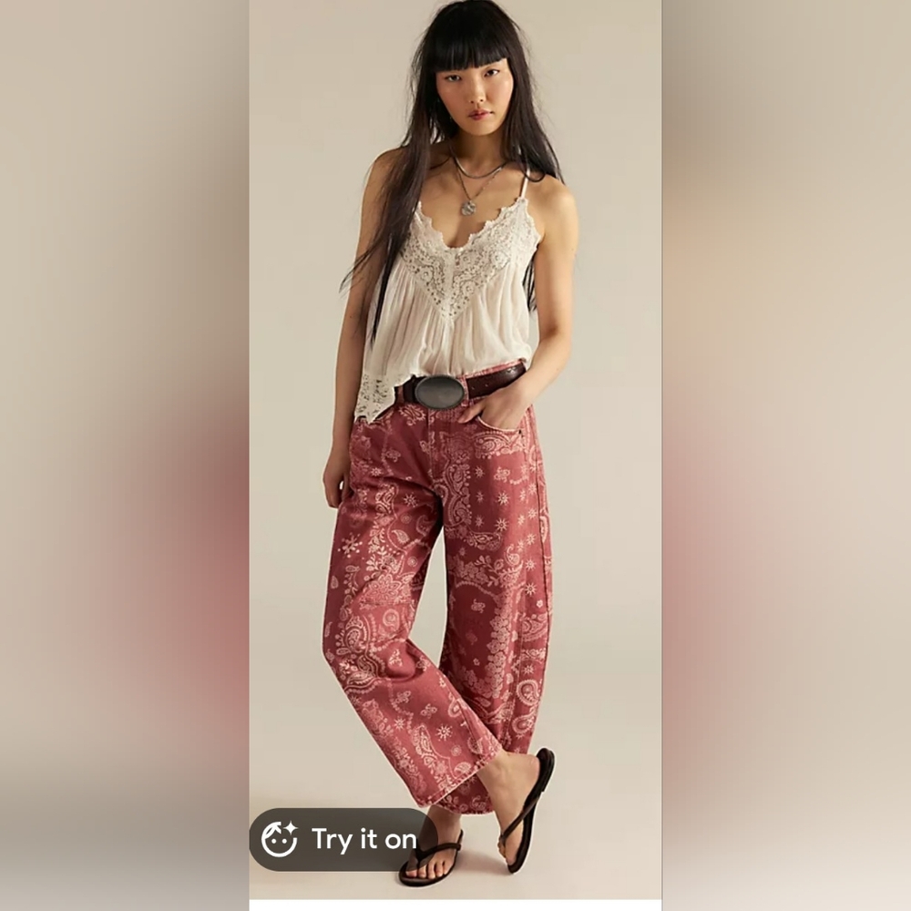 NWT We The Free Good Luck Printed Barrel Jeans 24 bandana Free People western